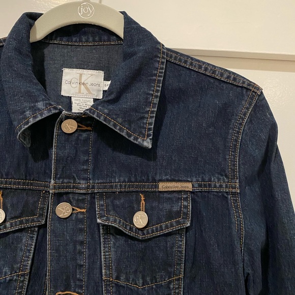 100% Cotton Vintage Calvin Klein Denim Jacket Dark Navy Blue Stitch Size Small - Picture 4 of 10
